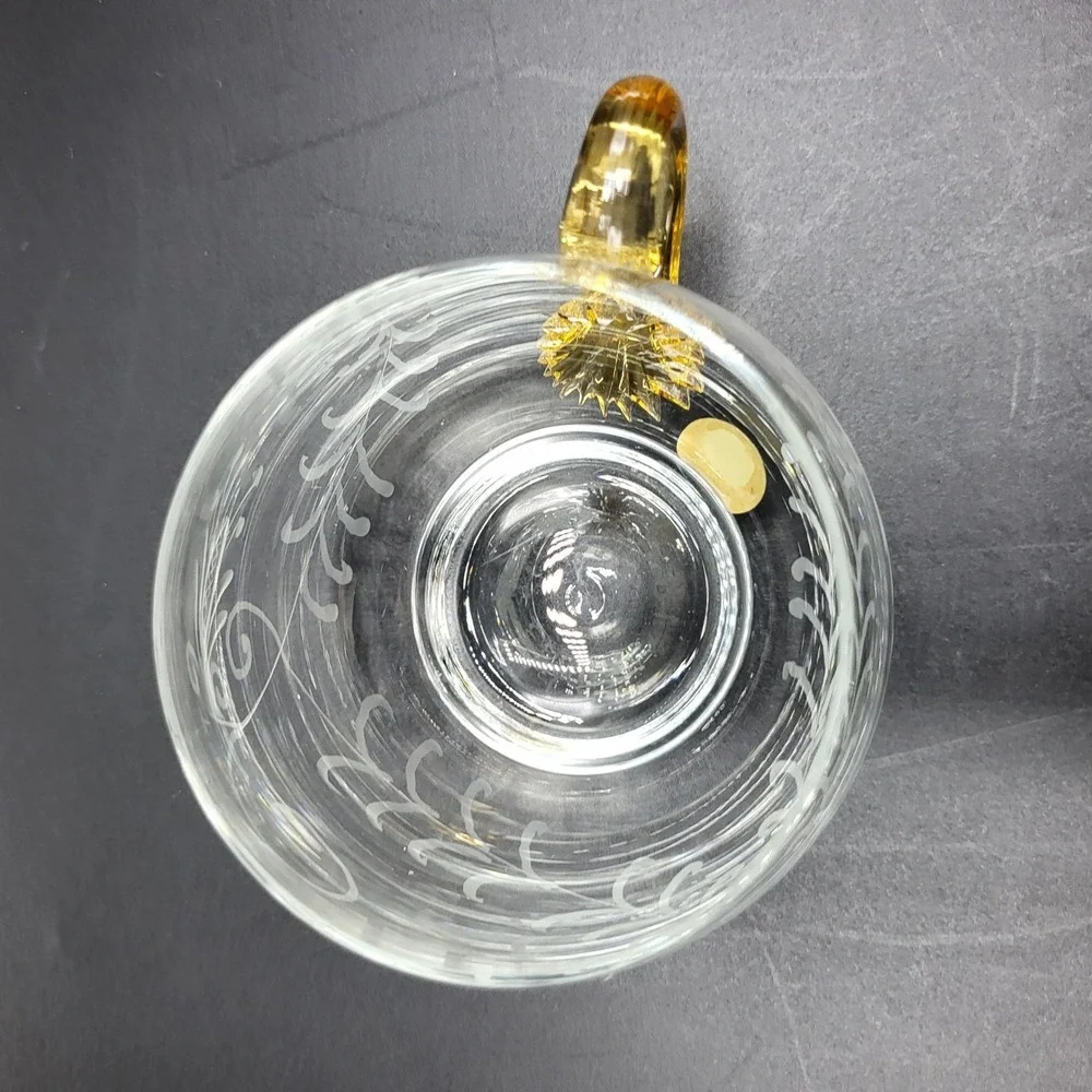 Vintage MCM Glass Etched Tea Cup Amber Handle Vintage Clear 3